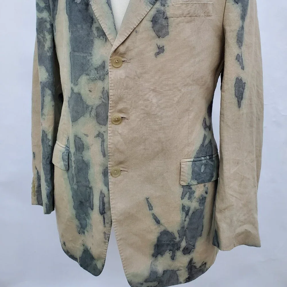 NEW linen Blazer tie dyed gray tan khaki green beige med large camo cowboy 40 42